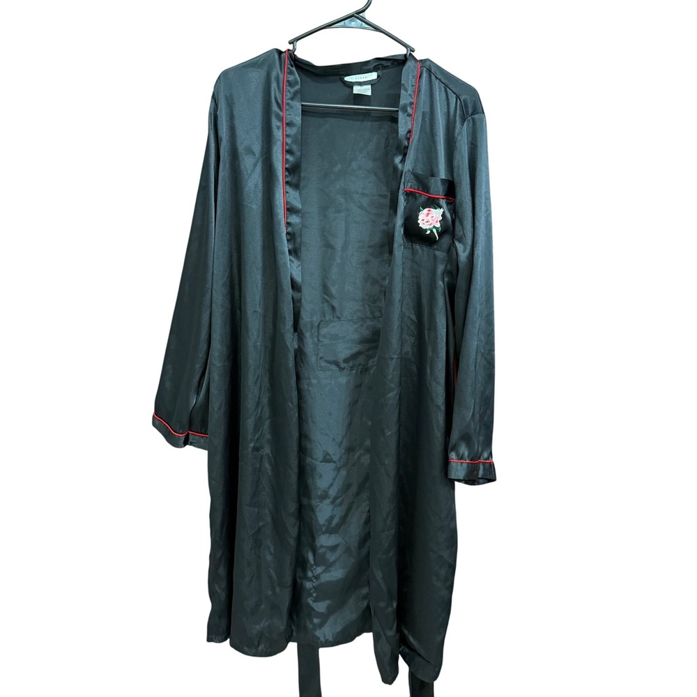 Pink Rose Embroidery Robe Black Satin Medium Pajama Loungewear Lingerie